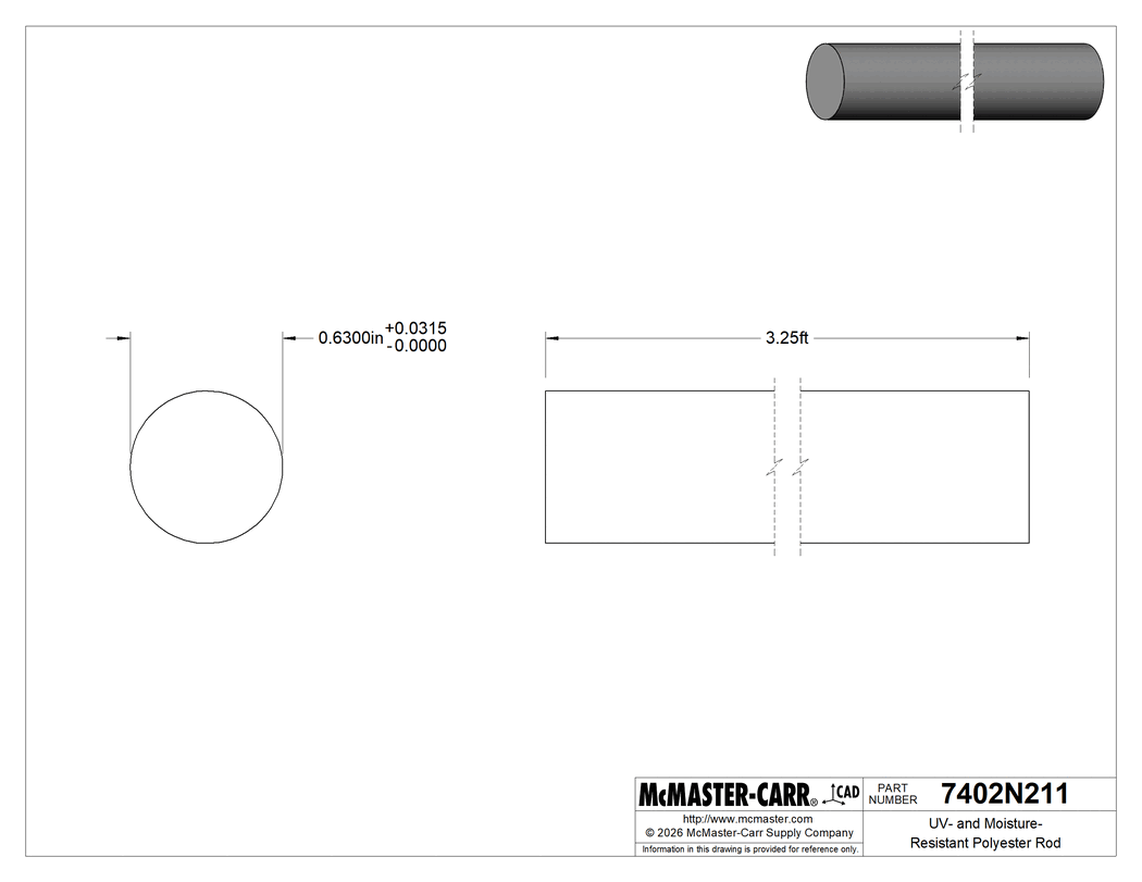 Technical Drawing of UV- and Moisture-Resistant Polyester Rod, 41/64" Diameter, 3-1/4 Feet Long.